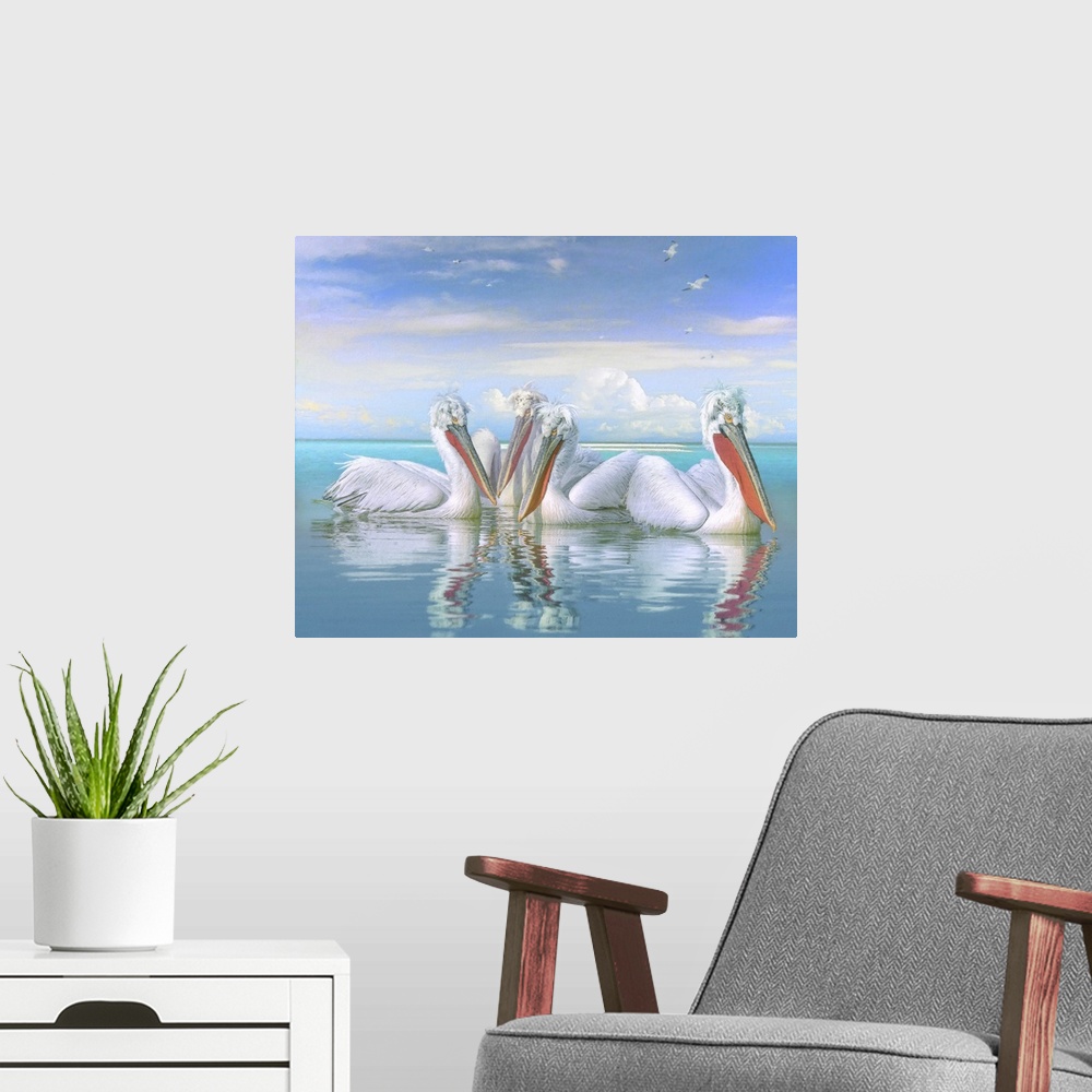 A modern room featuring A painterly texturized image of three white pelicans basking in the warm ocean sunshine with sea ...