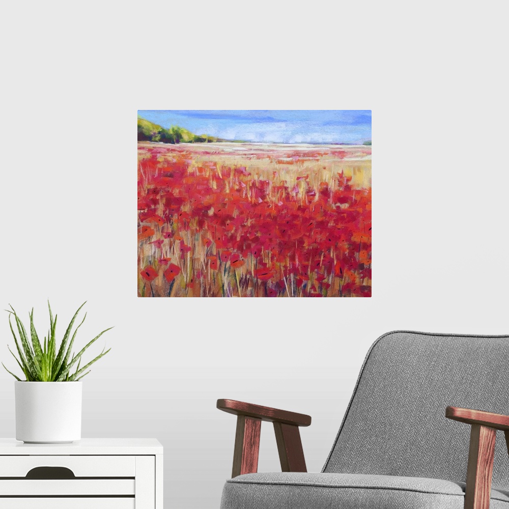 A modern room featuring This contemporary painting of wildflowers in an endless field makes a great addition to any wall.