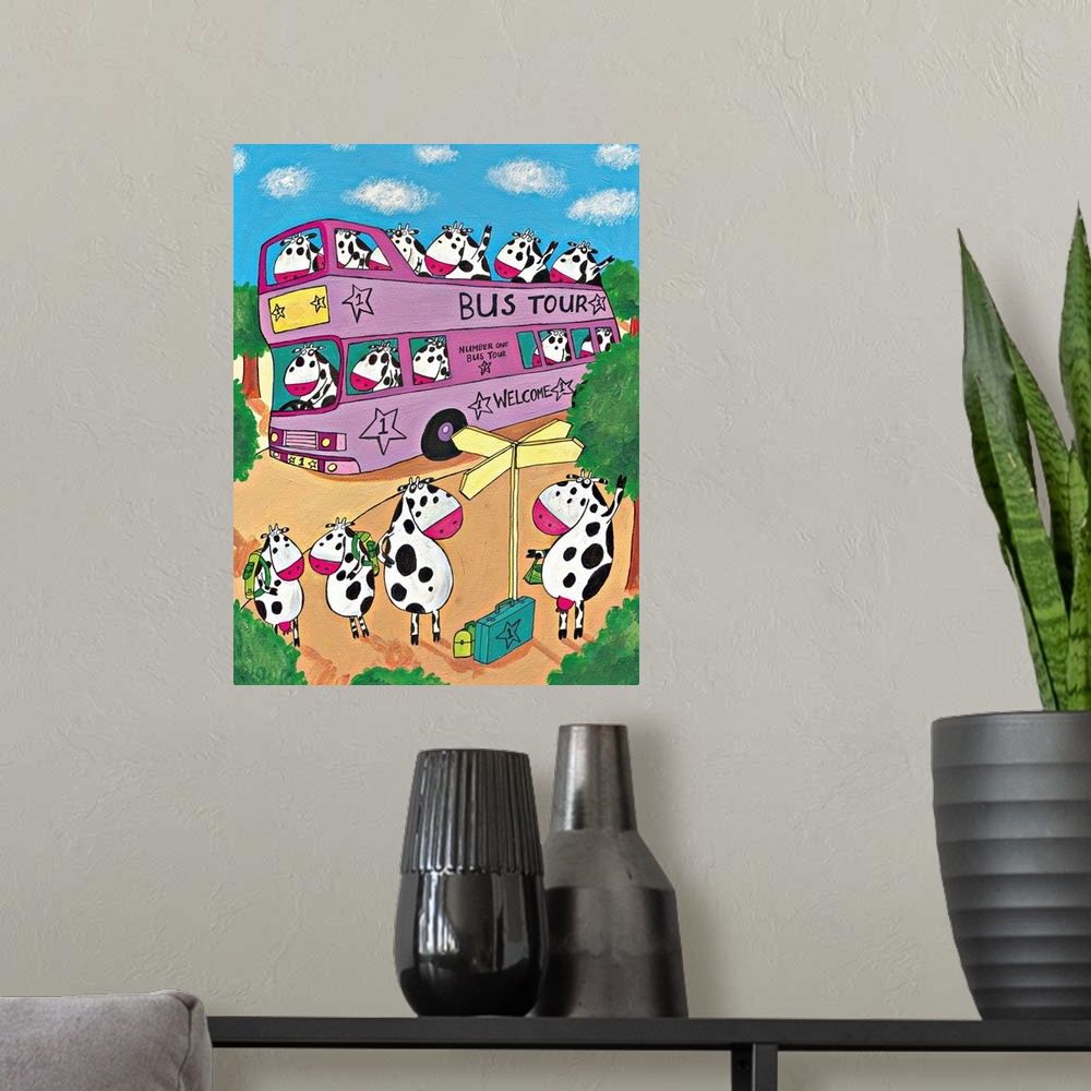 A modern room featuring Cows take a trip on the bus. Illustrated wall art by artist Carla Daly.