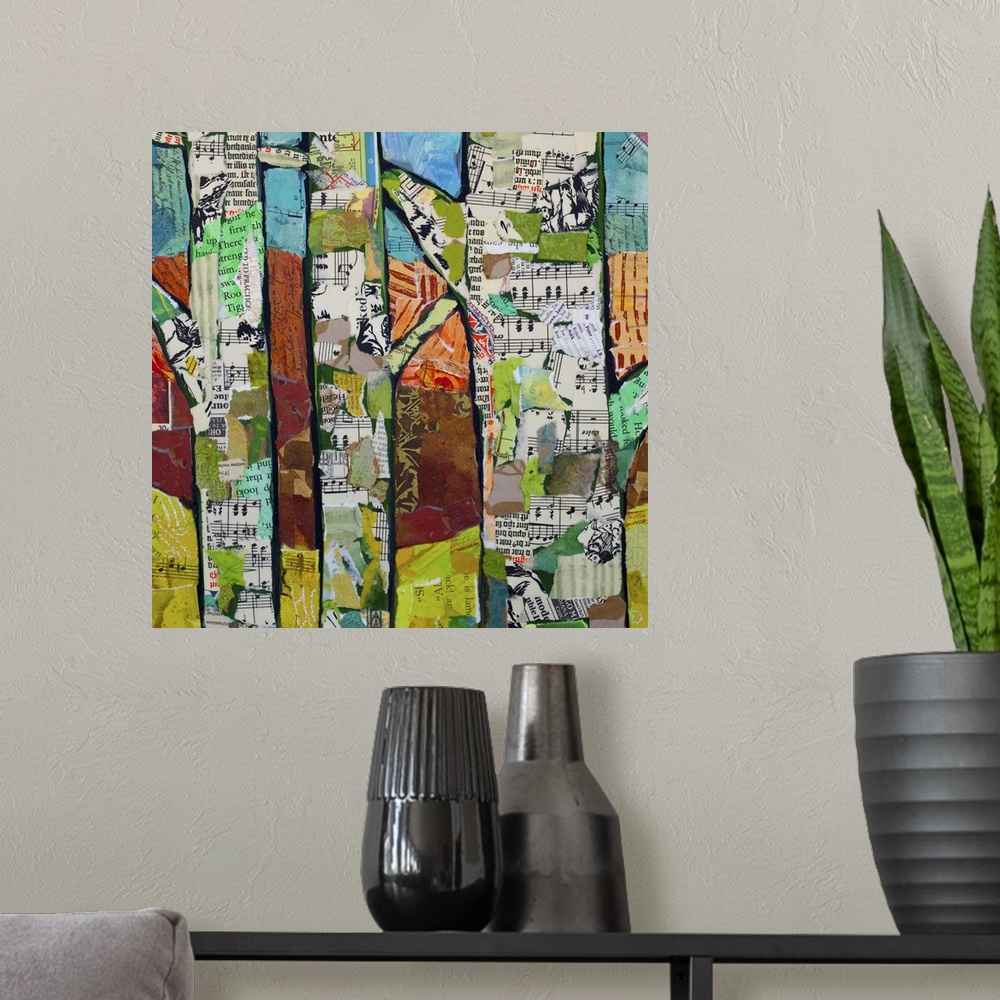A modern room featuring Painting of three trees with found collage elements.