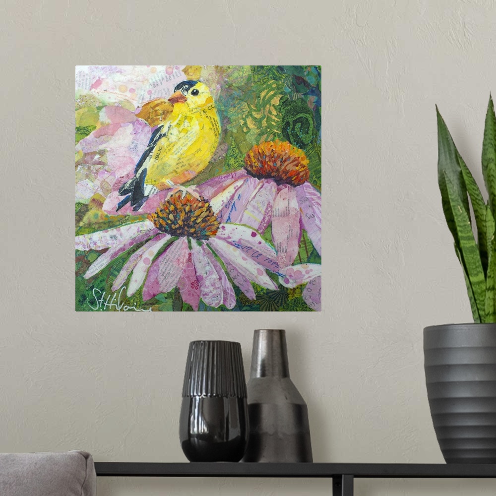 A modern room featuring American Goldfinch on coneflowers and echinacea flowers.