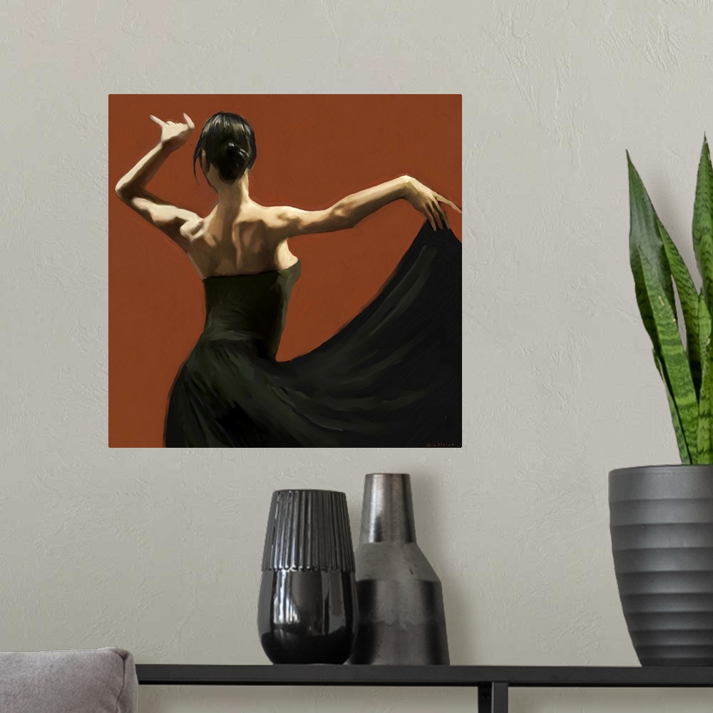 A modern room featuring Dramatic lighting on the shoulders of a female Flamenco dancer in a long black dress against deep...