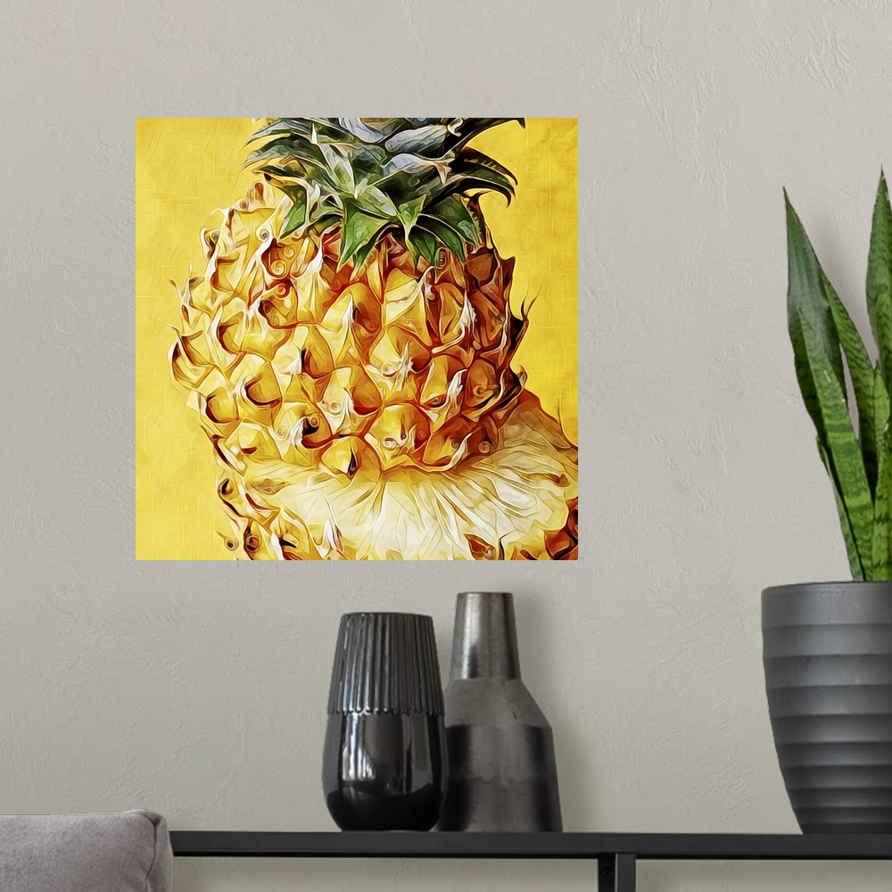 A modern room featuring Digital fine art print of a golden pineapple, cut in half with the top piece sitting slightly off...