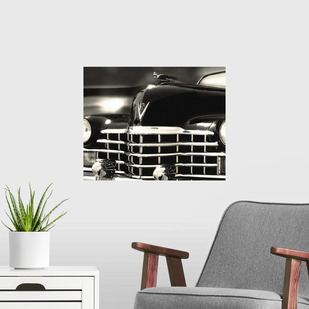 A modern room featuring Artistic photograph of a vintage car.