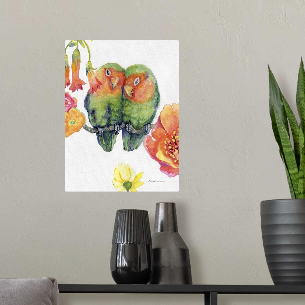 A modern room featuring Adorable painting of two Peach-face lovebirds cuddling together with tropical flowers.
