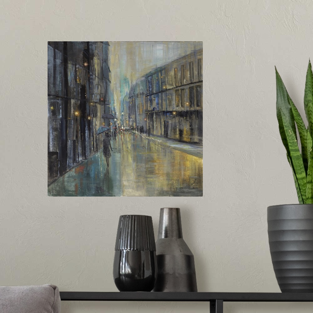 A modern room featuring Contemporary painting of a woman walking in the rain on a quiet city street at night.