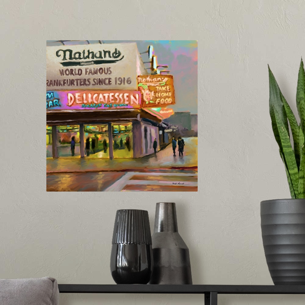 A modern room featuring Art print of the neon signs for Nathan's Famous Hot Dogs, a Coney Island staple.