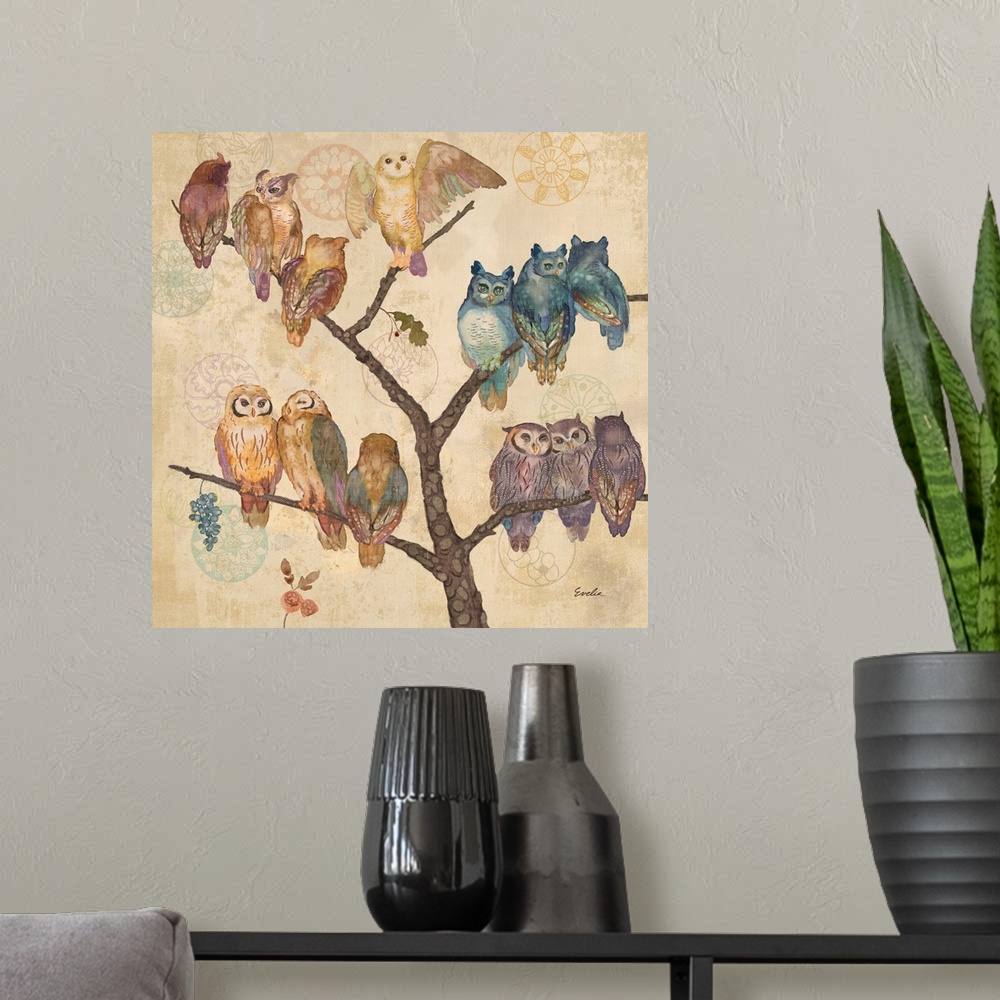 A modern room featuring Contemporary artwork of a group of owls perched on branches of a tree.
