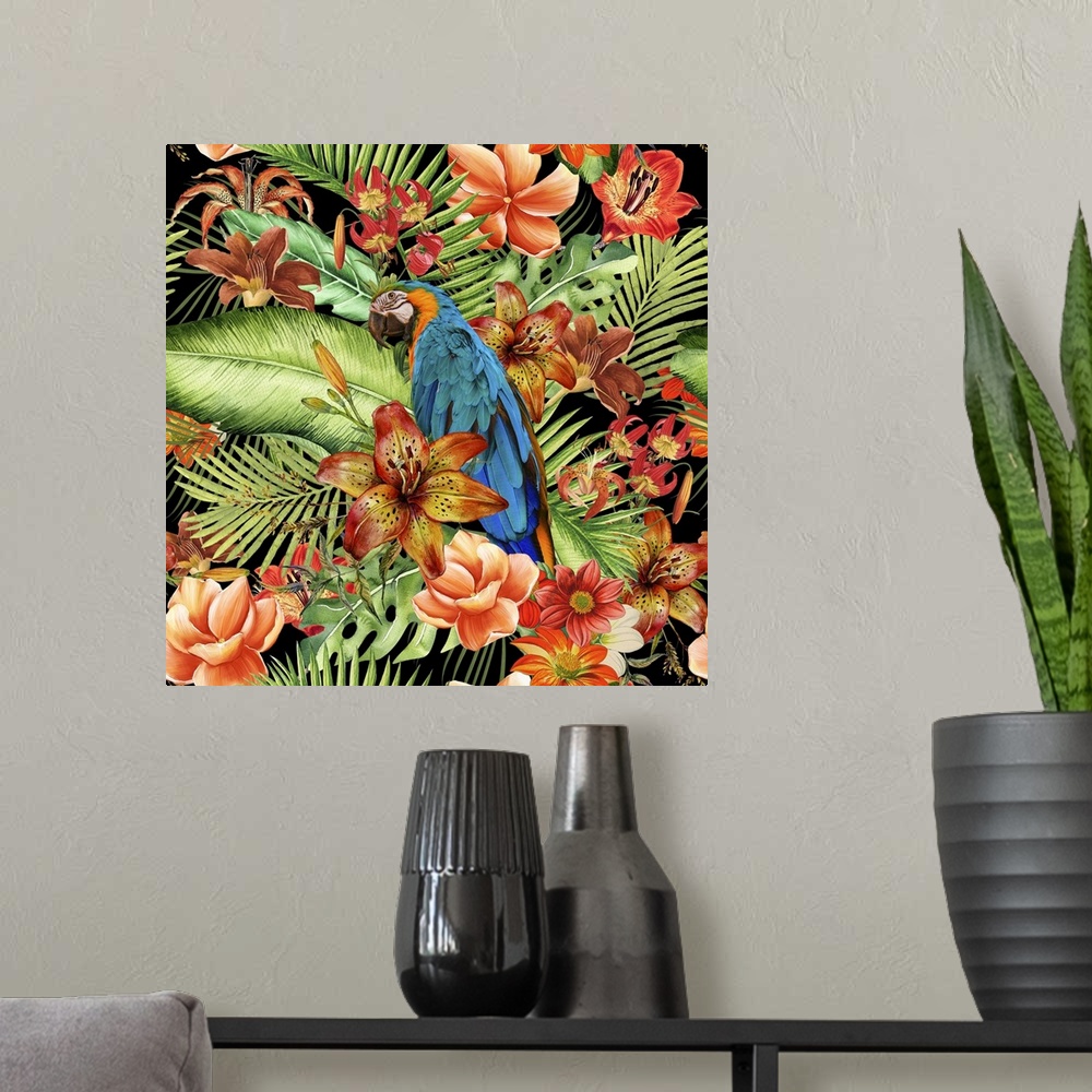 A modern room featuring Cute little bird surrounded by lush vegetation and flowers.