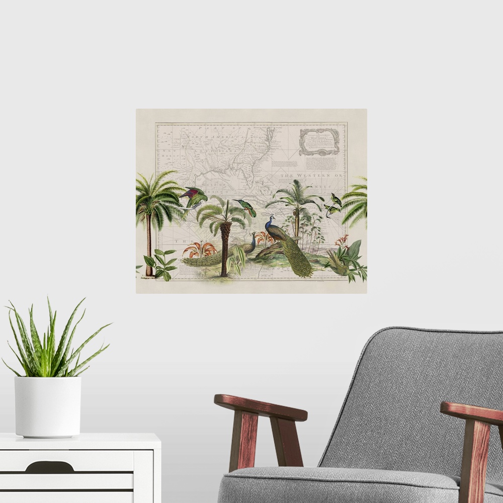 A modern room featuring Vintage style mixed media art with old map, exotic peacocks, and parrots.