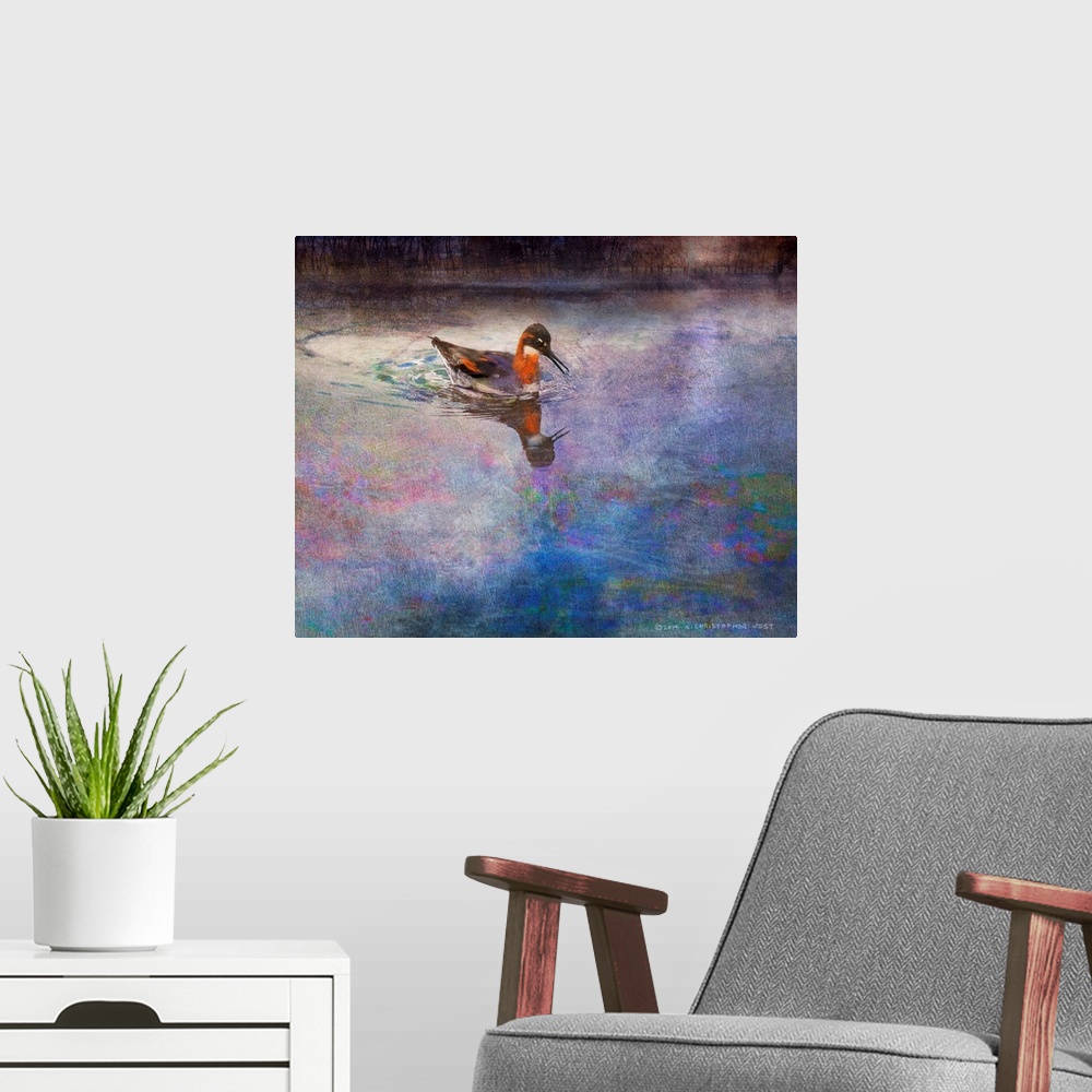 A modern room featuring Contemporary artwork of a duck floating in water.