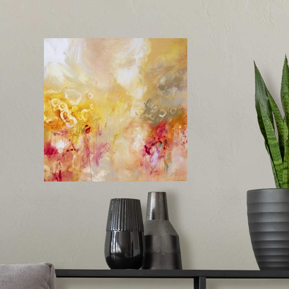A modern room featuring Contemporary abstract art, originally in acrylic, of flowing shades of yellow, pink, and red.