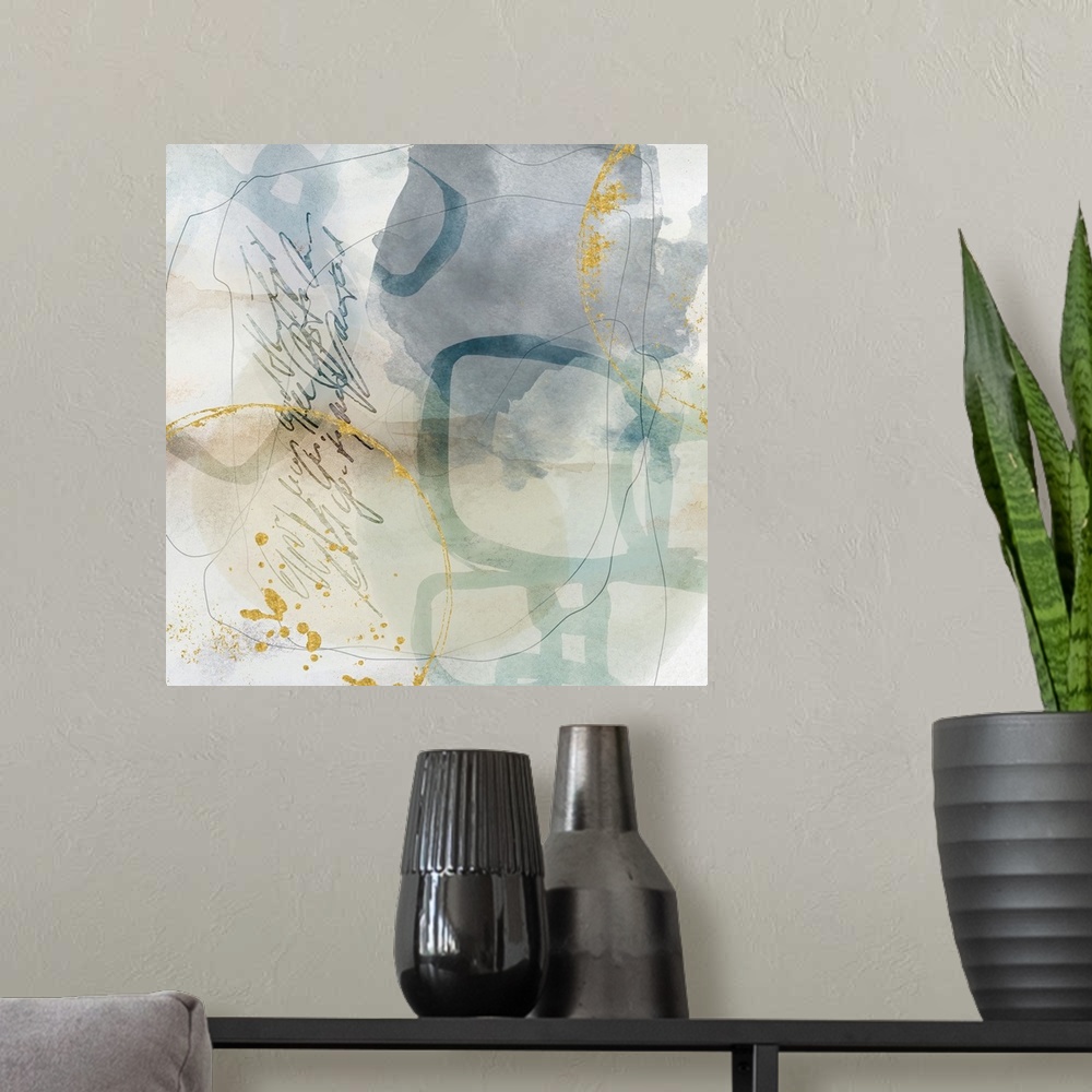 A modern room featuring Mixed media watercolor abstract art with handwriting, shapes, and lines in soft pastel neutral co...