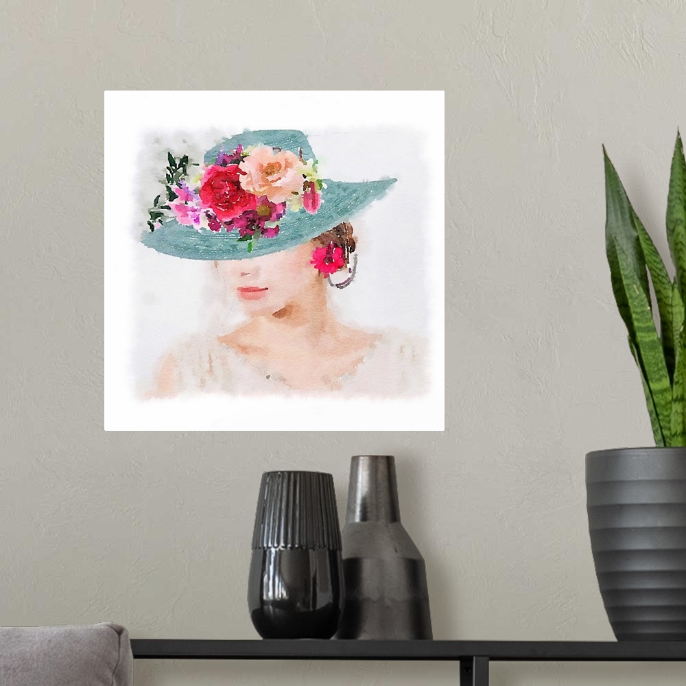 A modern room featuring Watercolor portrait of a woman wearing a blue hat decorated with flowers on the brim.