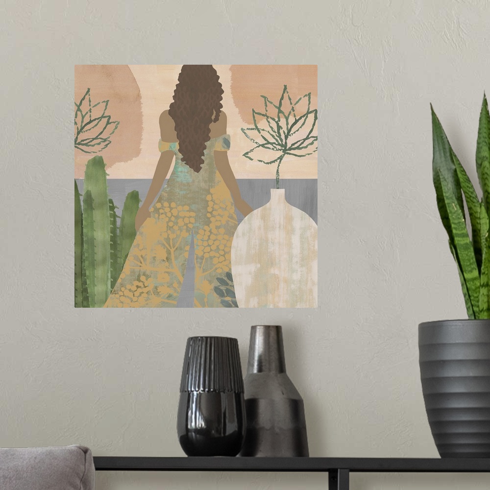 A modern room featuring Burnt orange and mustard abstract figurative painting of boho woman in floral dress looking out a...