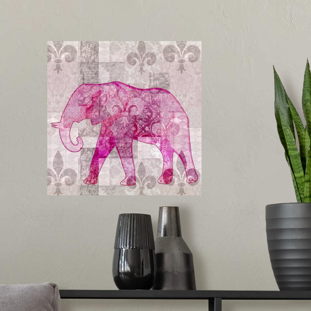 A modern room featuring Tropical vibe mixed media art with pink elephant on unique texture.