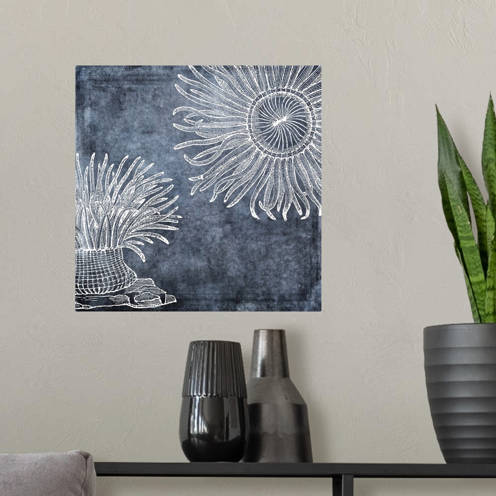 A modern room featuring Watercolor anemone painting in white, denim, midnight blue, twilight blue, classic blue and navy ...