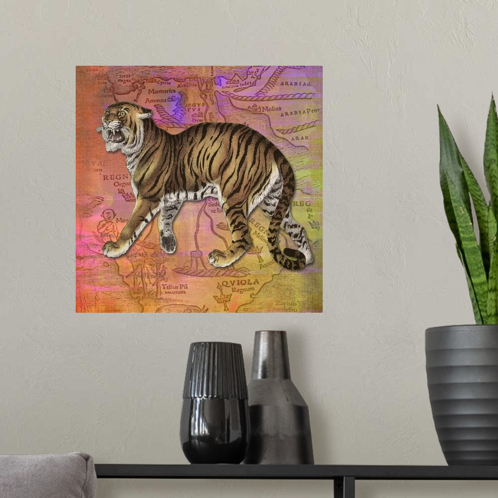 A modern room featuring Colourful vintage effect mixed media Tiger print.