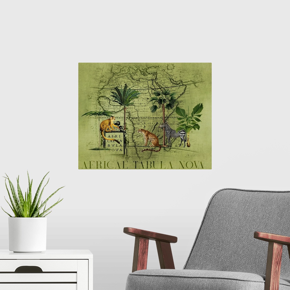 A modern room featuring Vintage style mixed media art with zebra, cheetahs, and old map.