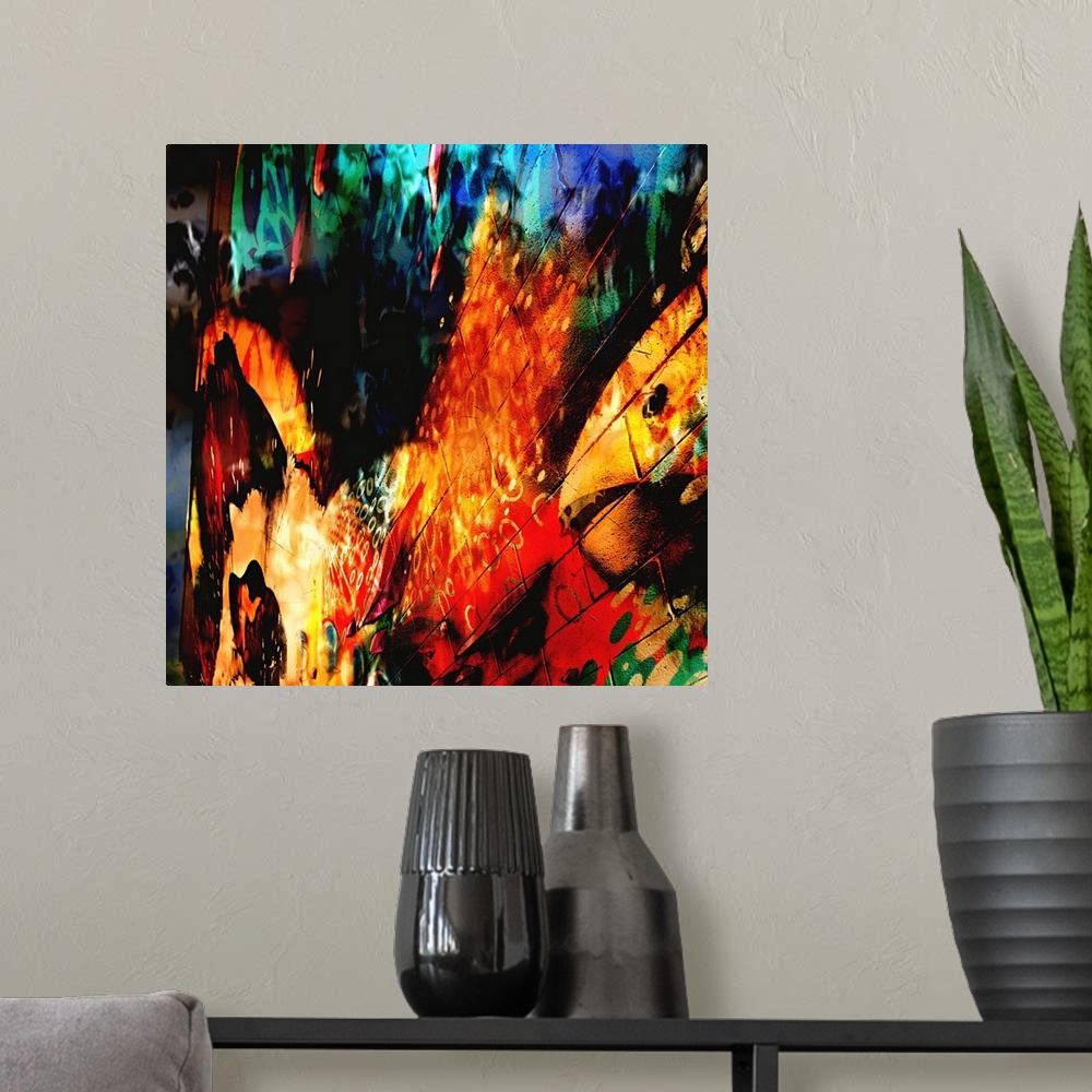 A modern room featuring Intense fiery colors and warped imagery of a city street scene, creating an abstract image.