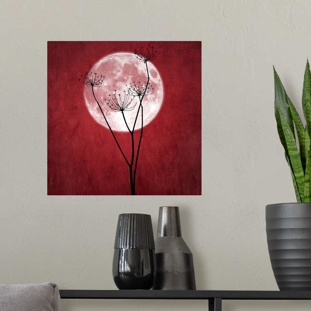 A modern room featuring Full red moon
