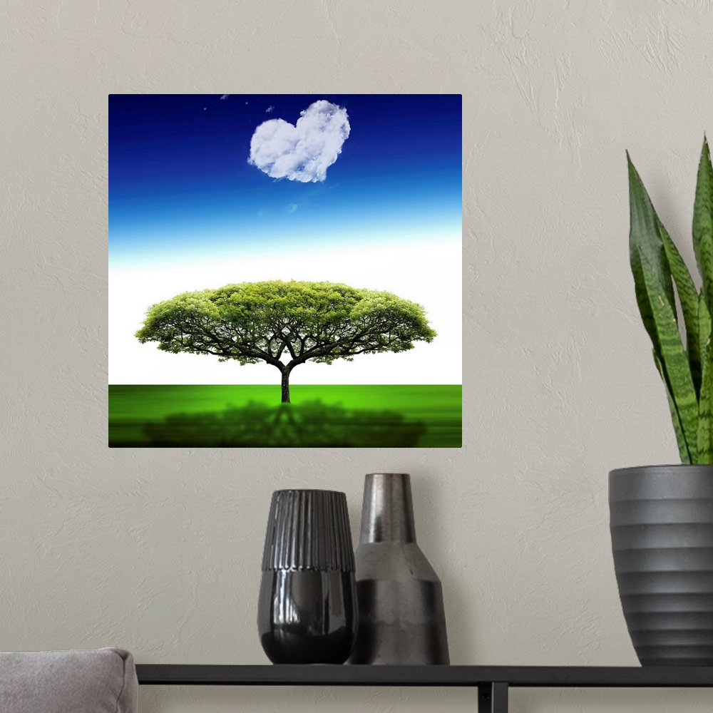 A modern room featuring A tree and a cloud in the shape of a heart