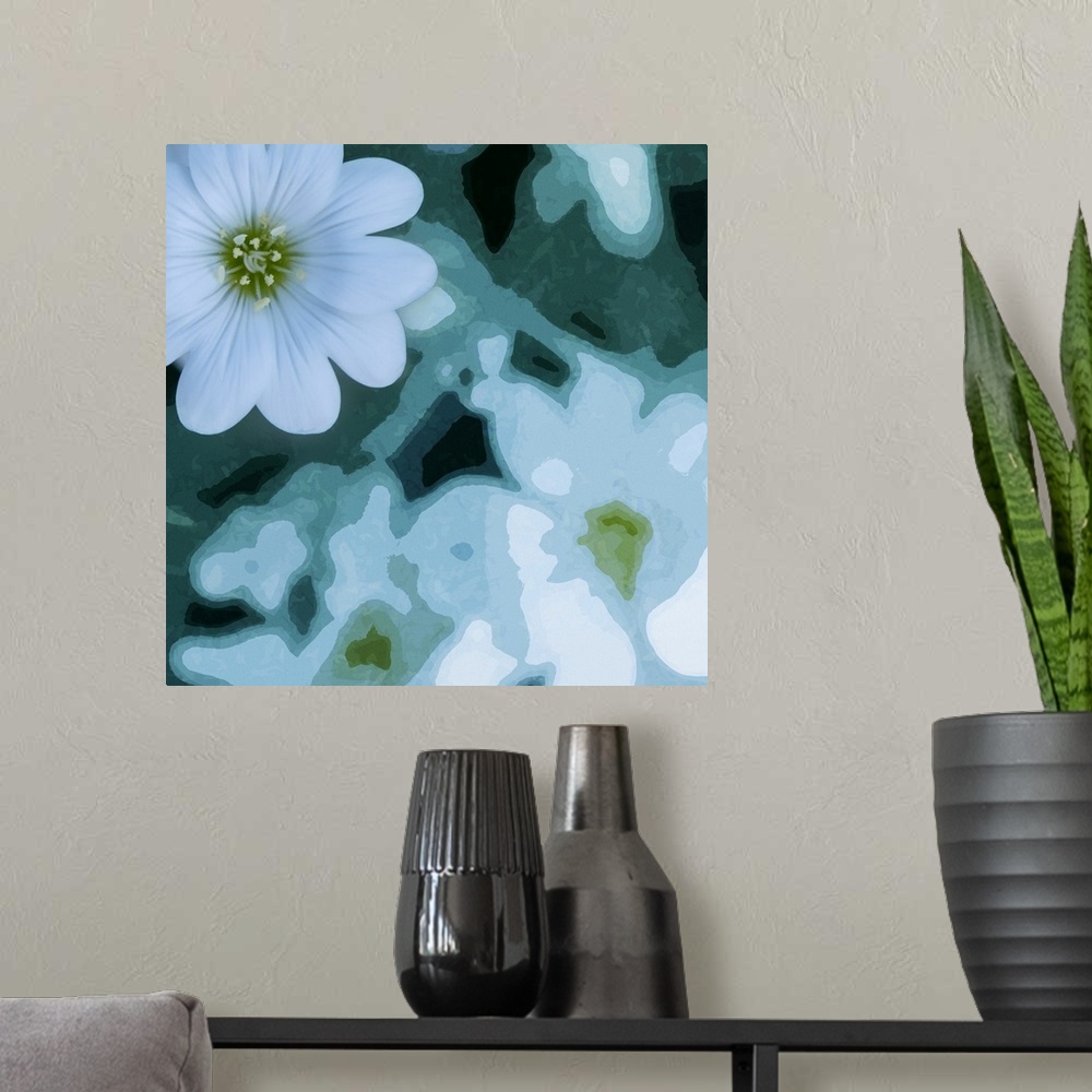 A modern room featuring Art photograph of a white flower against a background of artistically photographed flowers.