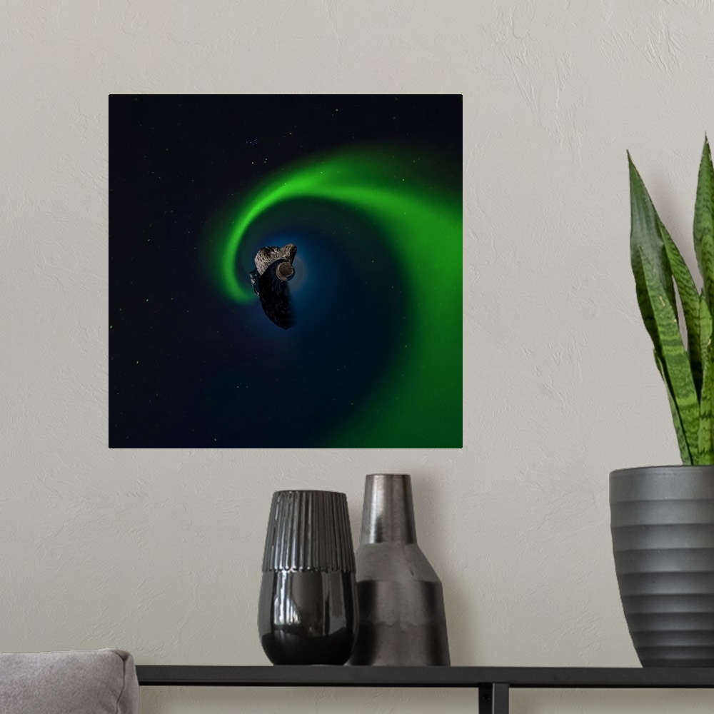 A modern room featuring Swirling green aurora borealis, with a stereographic projection effect on the image, resembling a...