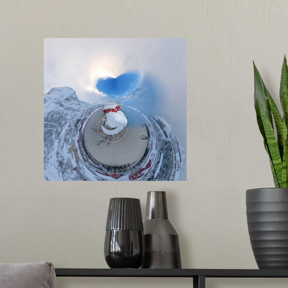 A modern room featuring A red barn surrounded by tall mountains in the winter, with a stereographic projection effect on ...