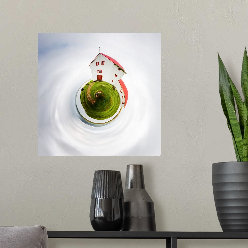 A modern room featuring A white house with a red roof on a green lawn, with a stereographic projection effect on the imag...