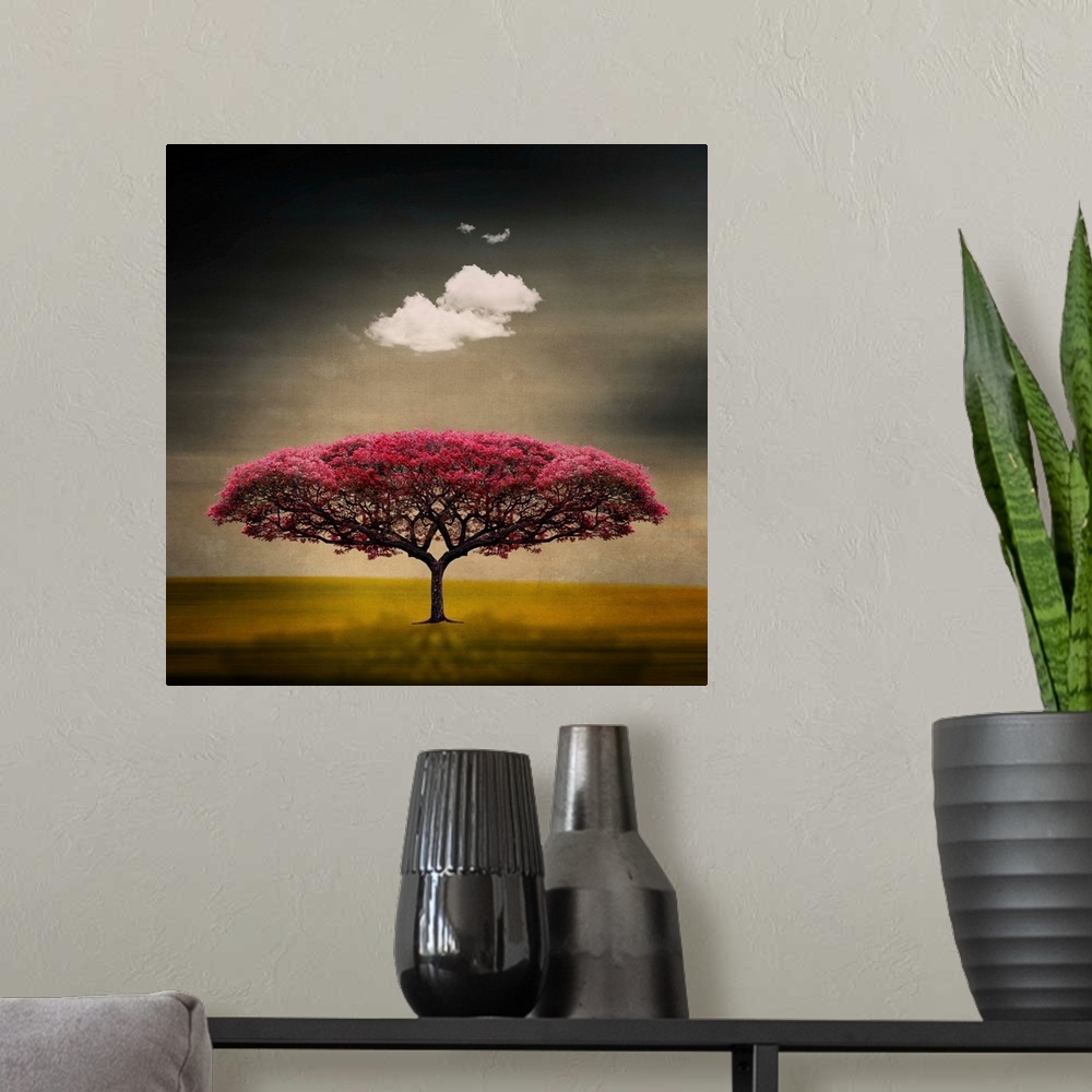 A modern room featuring This art work is a digital composite of a symmetrical flowering tree with a fluffy cloud floating...