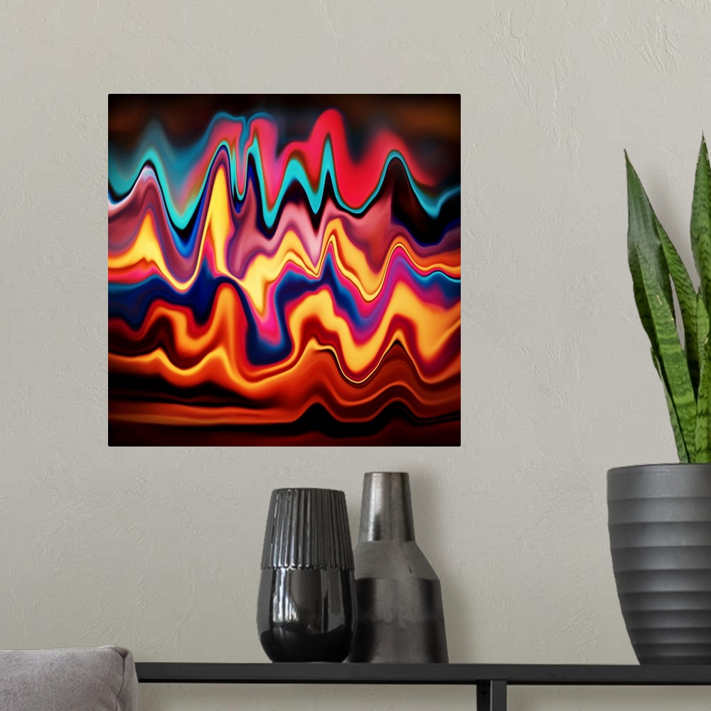 A modern room featuring Square abstract with colorful wavy lines.