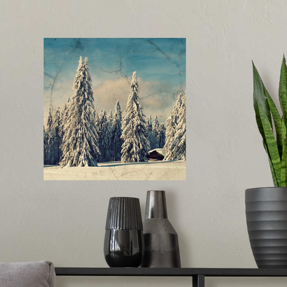 A modern room featuring A chalet surrounded by fir trees under the snow. Finished with a photo texture