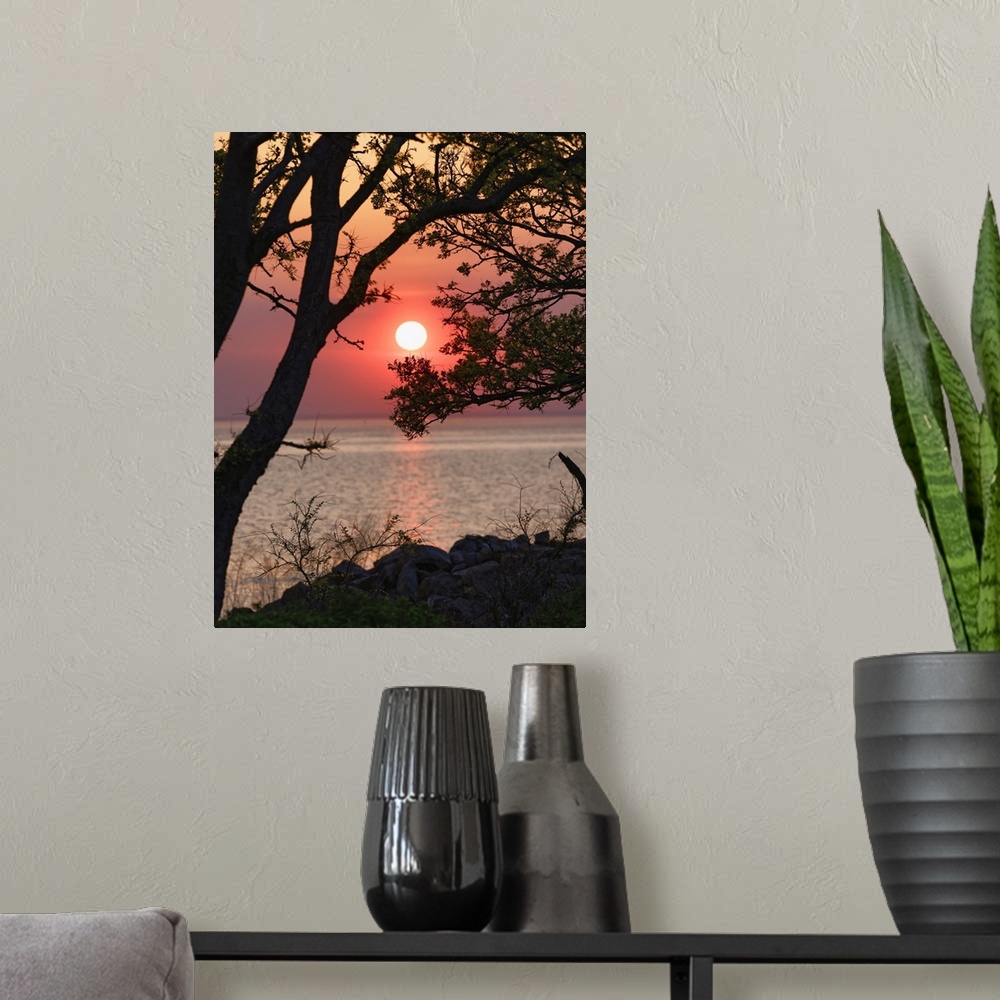 A modern room featuring Sunset over lower New York Bay, Sandy Hook, New Jersey, USA.