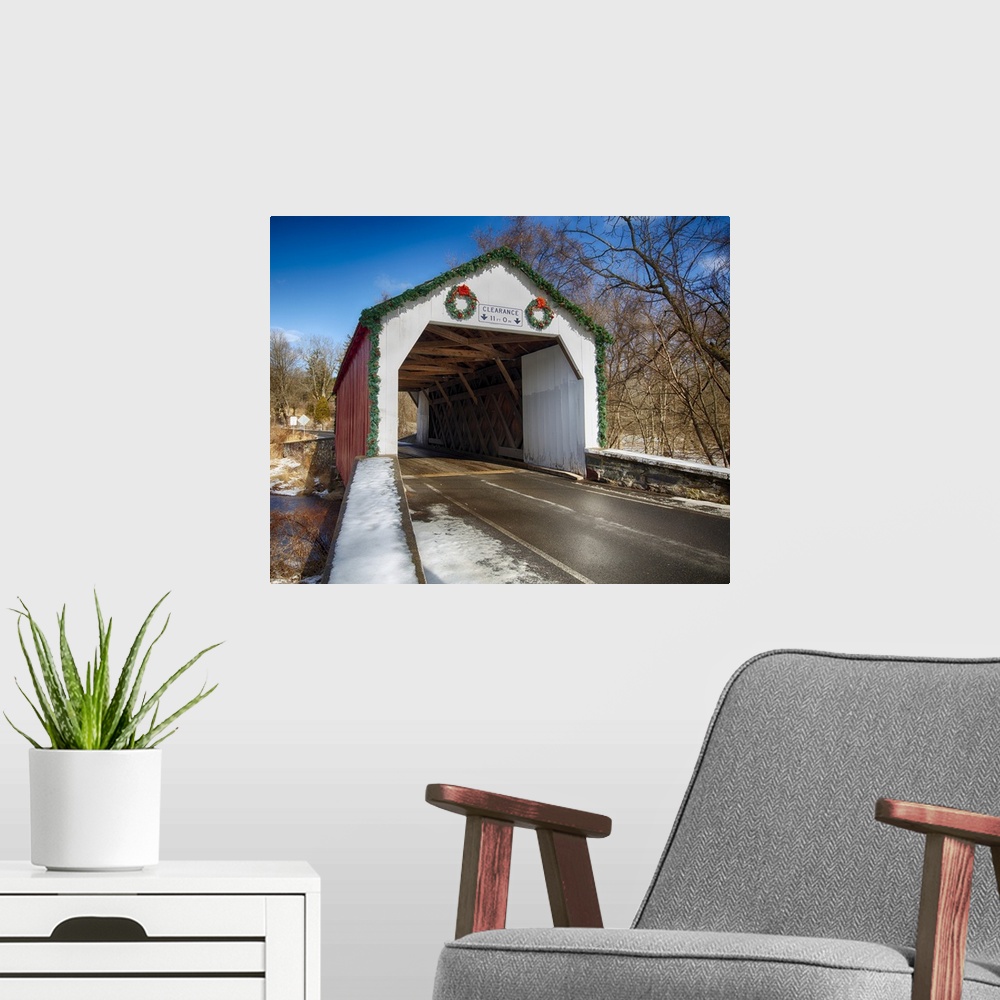 A modern room featuring The Erwina Covered Bridge Over The Swamp Creek During Winter, Bucks, County, Pennsylvania.