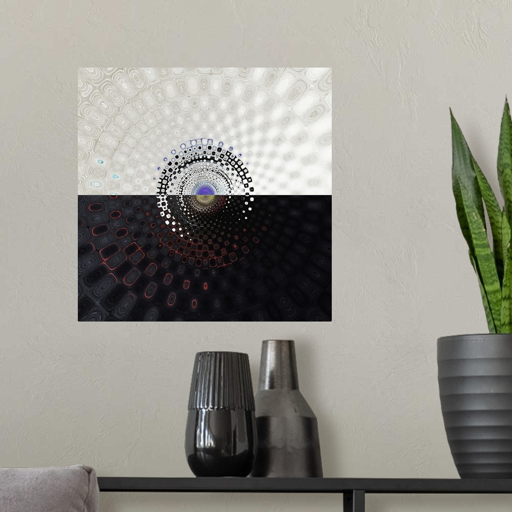 A modern room featuring Abstract artwork created by editing a photograph into a circular form.