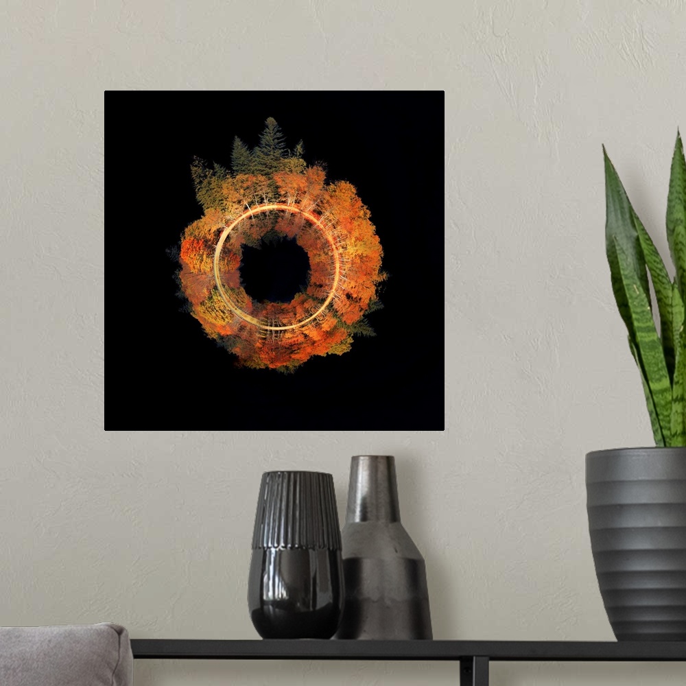 A modern room featuring Conceptual square photograph of an Autumn tree line wrapped in a circle on the center of a black ...