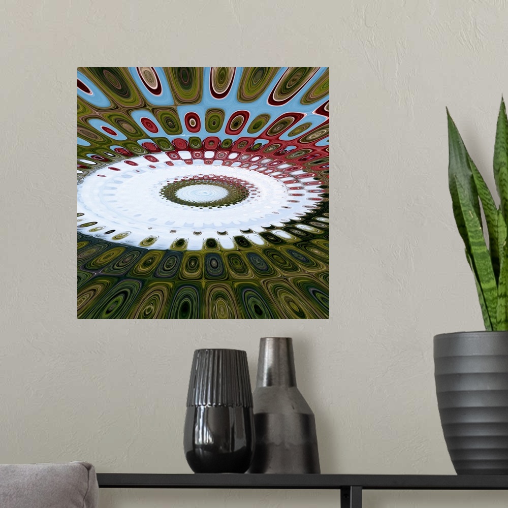 A modern room featuring Square abstract art with circles creating squares and leading to a bright white circular center t...