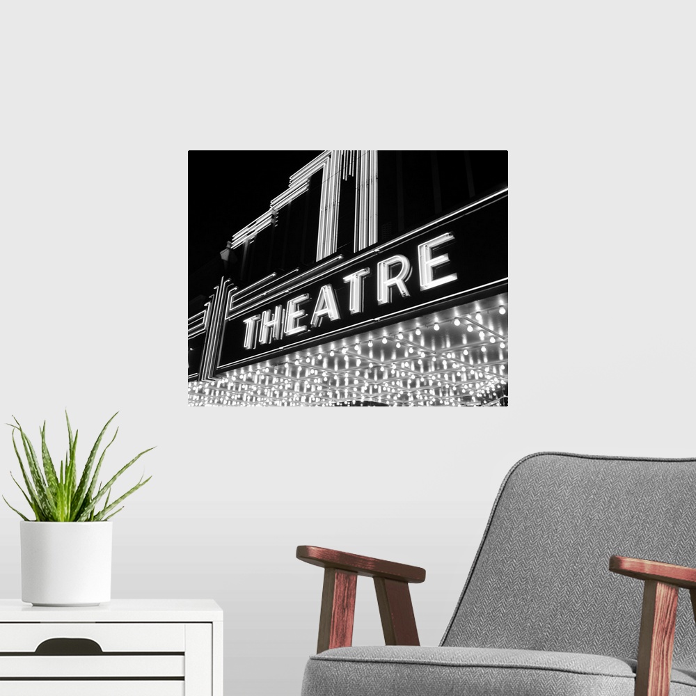 A modern room featuring 1930's 1940's Theater Marquee Theatre In Neon Lights.