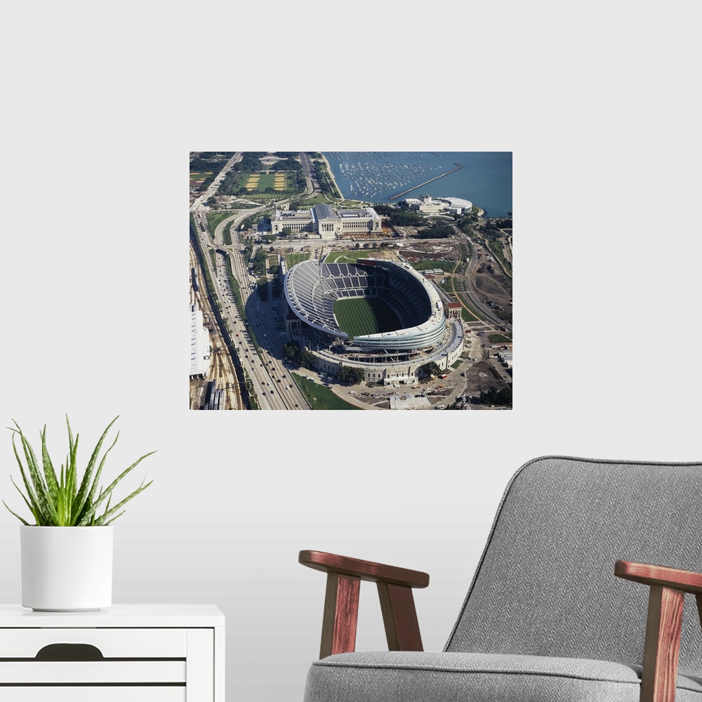 A modern room featuring Aerial view of a stadium, Soldier Field, Chicago, Illinois