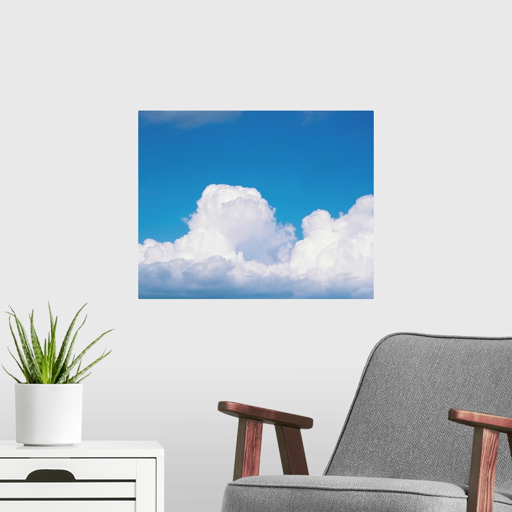 A modern room featuring Blue sky and cumulus clouds