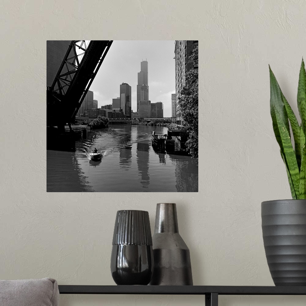 A modern room featuring Boat in a river, Chicago River, Chicago, Cook County, Illinois, USA