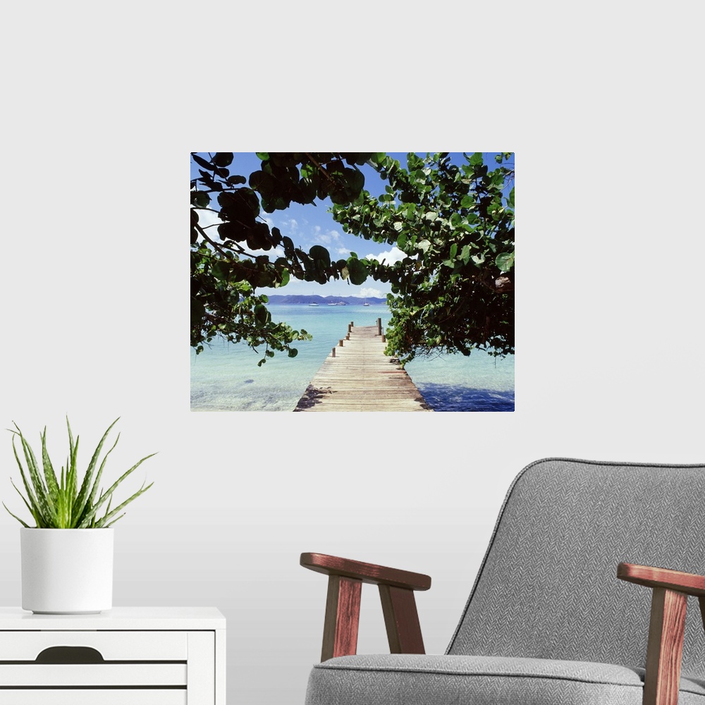 A modern room featuring Photograph of pier of stretching into ocean through tree branches covered in leaves under a cloud...