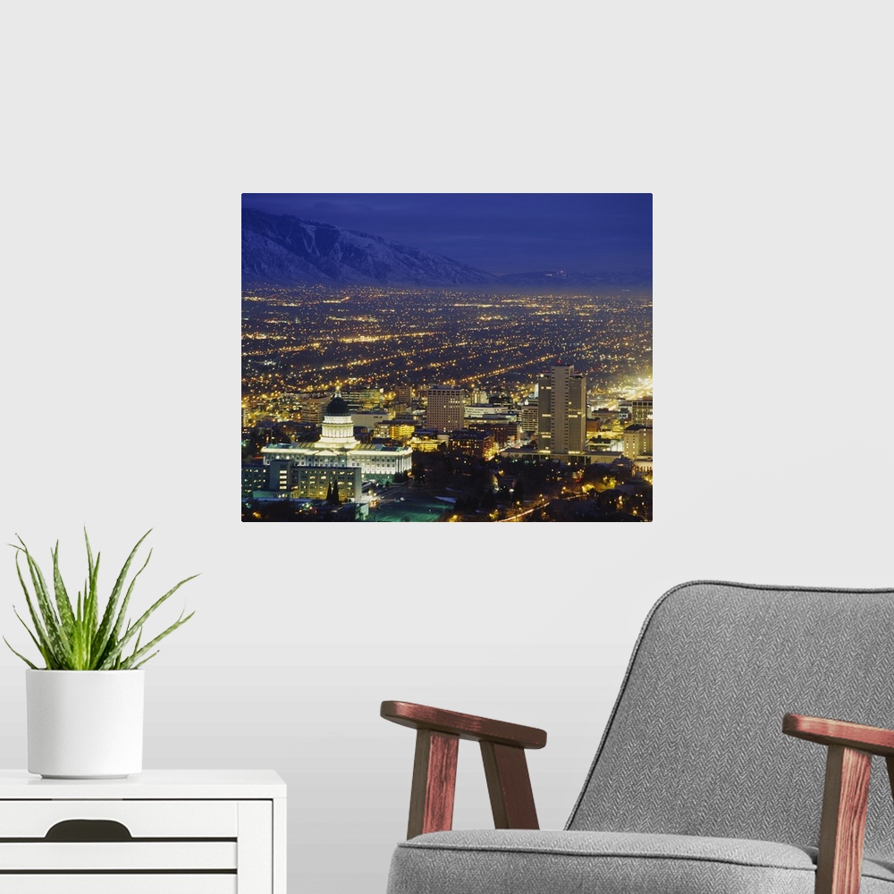 A modern room featuring High angle view of buildings lit up at night in a city, State Capitol Building, Salt Lake City, Utah