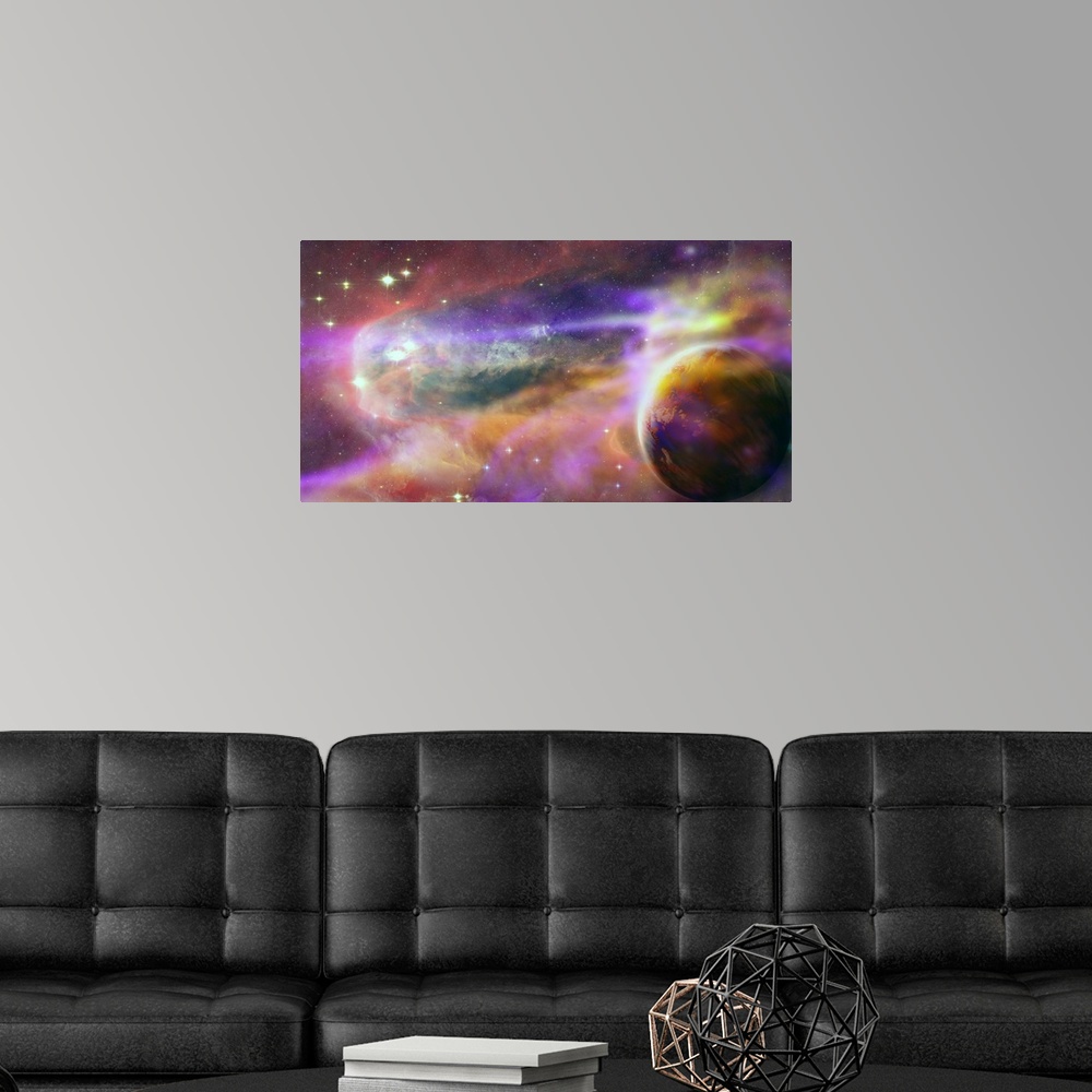 A modern room featuring Illustrative representation of the universe