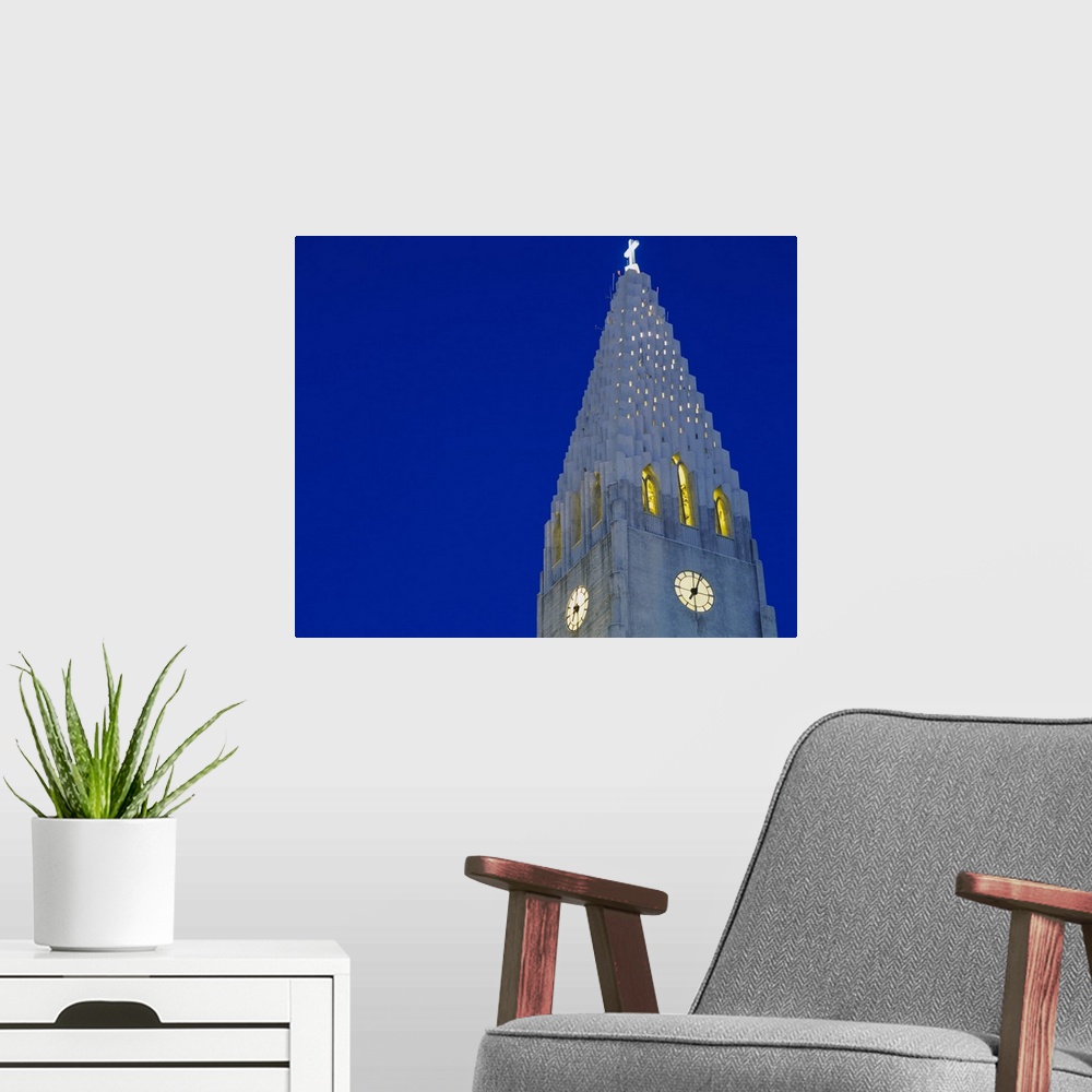 A modern room featuring Low angle view of a clock tower of a church, Hallgrimskirkja, Reykjavik, Iceland
