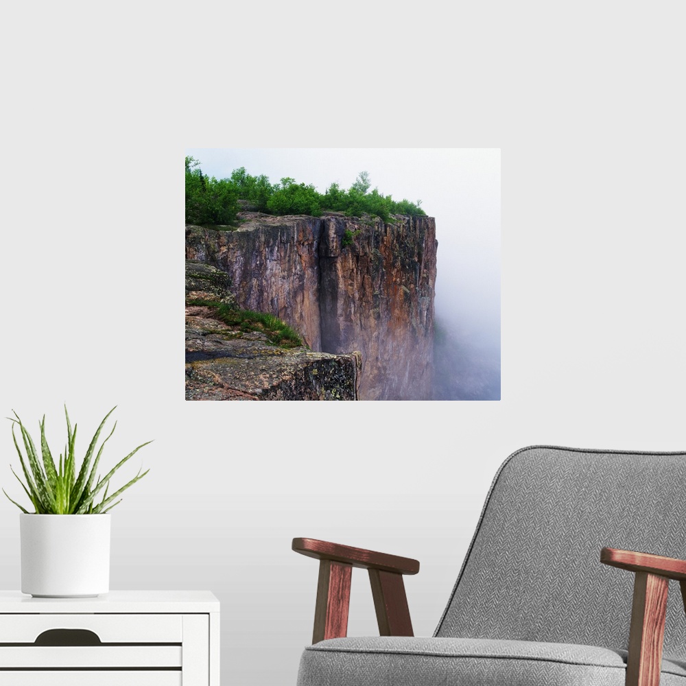 A modern room featuring Palisade Head in mist, Tettegouche State Park, Minnesota