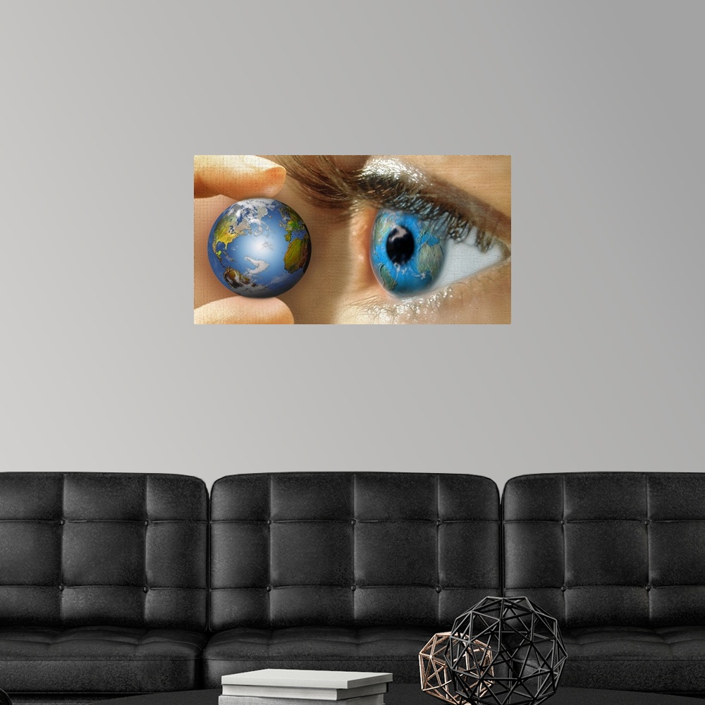 A modern room featuring Reflection of a globe in a person's eye