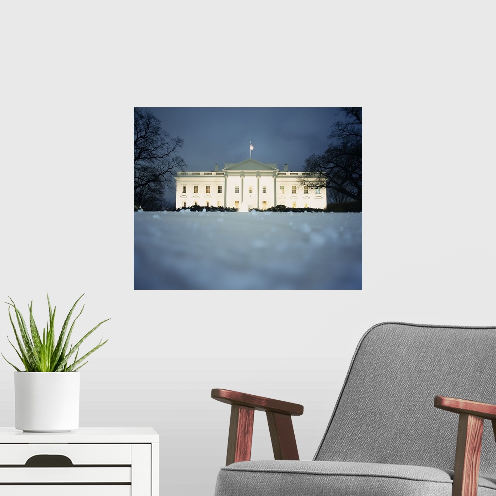 A modern room featuring Surface view of snow in front of the White House, Washington DC
