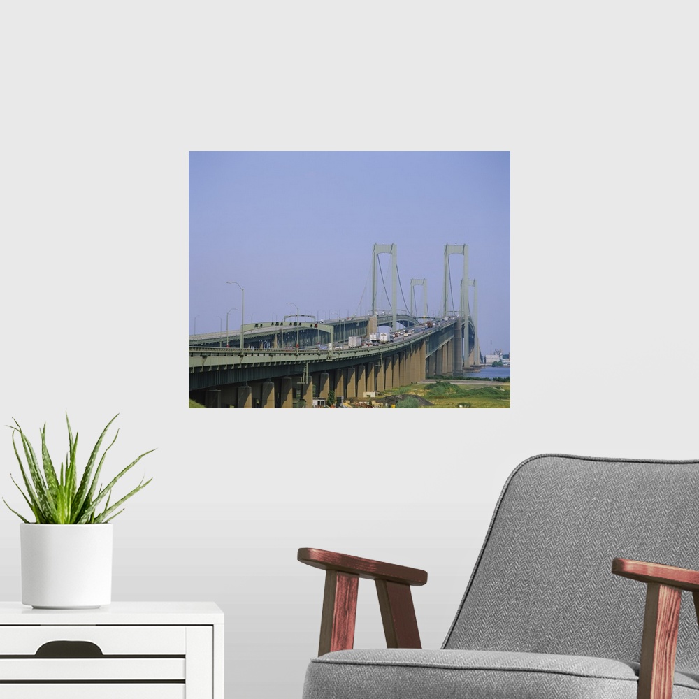A modern room featuring Traffic on a bridge, Delaware Memorial Bridge, Delaware River, Delaware